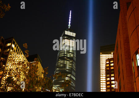New York, USA. 11th September, 2014. Tribute in Light and World Trade Center Tower One on the 13th anniversary of the 9/11 attacks. Credit:  Christopher Penler/Alamy Live News Stock Photo