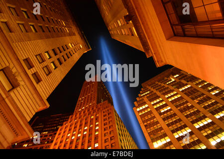 New York, USA. 11th September, 2014. Tribute in Light beams shine over New York's Financial District in remembrance of 9/11. Credit:  Christopher Penler/Alamy Live News Stock Photo