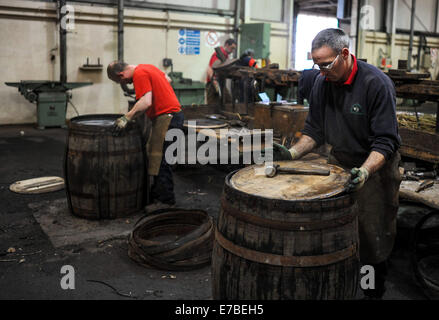 Coopers work on whisky casks at the Speyside Cooperage in Craigellachie, Scotland. Stock Photo