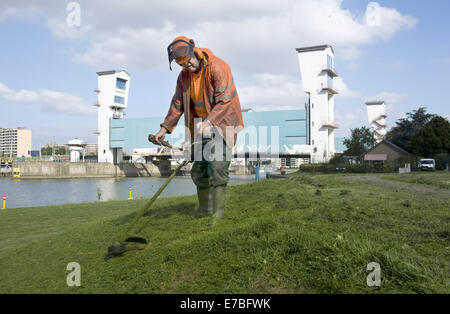 Sept. 10, 2014 - Rotterdam, South Holland, The Netherlands, Holland - A man is mowing the lawn on a dike and  in front of the Dutch Ijssel dam. The Hollandse IJssel (Dutch IJssel) connects Rotterdam with the North Sea. In the event of a flood, the river water would be unable to flow away because the rising seawater would stop it. The river would therefore easily burst its banks. There were two major reasons for finding a solution for the danger of flooding: firstly, the Hollandse Issel flows through the lowest lying area of the Netherlands. Secondly, this is one of most populous areas of the N Stock Photo