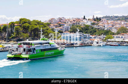 Large hydrofoil approaching the little harbour of Skiathos Town in the Sporades islands of the Greek Aegean Stock Photo