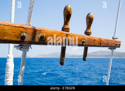 Section of the rigging of an antique sailing vessel plying between islands of the Sporades in the Greek Aegean Sea Stock Photo