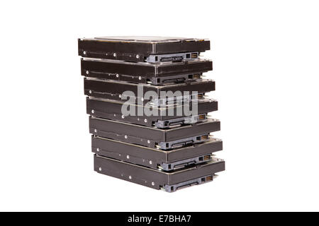 Stack of hard drives on a white background Stock Photo