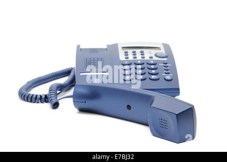 Modern blue business office telephone isolated on a white background. Stock Photo