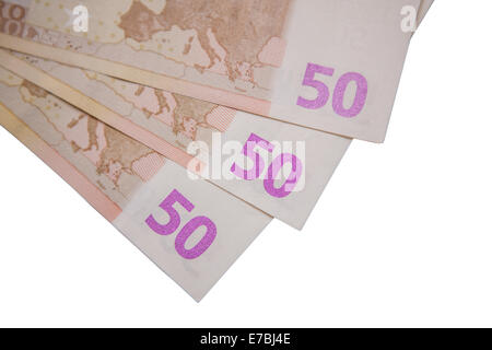 Euro fifty, white background, fan made of money, currency Stock Photo