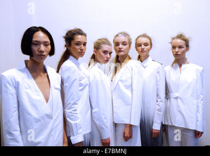 London, UK. 12th September, 2014. London Fashion Week SS15: Backstage at 'Ones to Watch'  Models wearing Youjia Jin Credit:  Rachel Megawhat/Alamy Live News Stock Photo