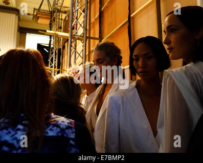 London, UK. 12th September, 2014. London Fashion Week SS15: Backstage at 'Ones to Watch'  Models wearing Youjia Jin Credit:  Rachel Megawhat/Alamy Live News Stock Photo