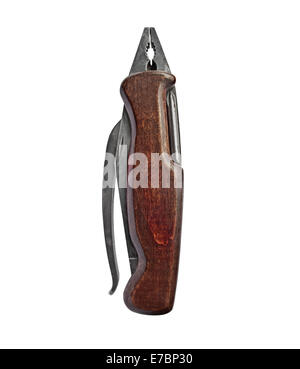 vintage multi tool with wooden handle over white, clipping path Stock Photo