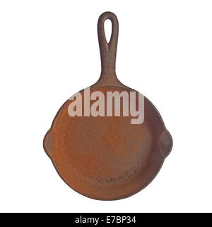 vintage rusty cast iron skillet over white, clipping path Stock Photo
