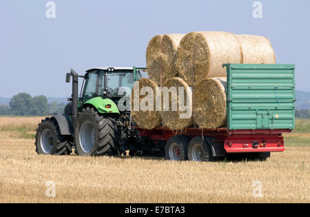 Tractor working on field, with balls of hay on an agriculture trailer. Stock Photo