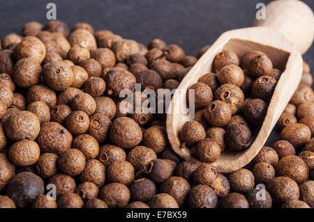 Allspice (jamaica pepper) berries texture, background full frame. Used as a spice in cuisines all over the world. The plant is a Stock Photo