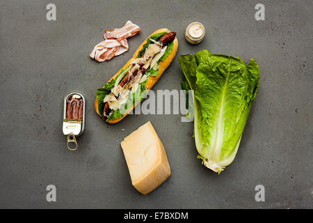 Modern hot dog with lamb sausage, bacon, parmesan, romaine lettuce, anchovies, dressing sauce on concrete table