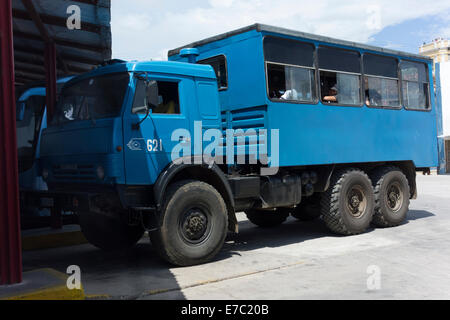 army lorry converted for public transportation, bus station, Cuba Stock Photo