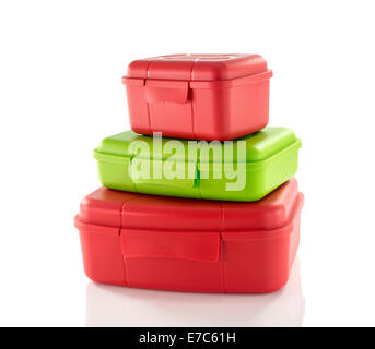 stack of red and green insulated lunch box Stock Photo