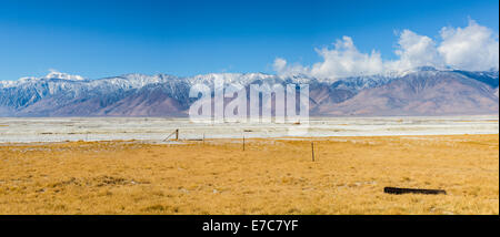 The fields of an old farm at the foot of the Eastern Sierra Nevada Mountain Range. California, USA Stock Photo