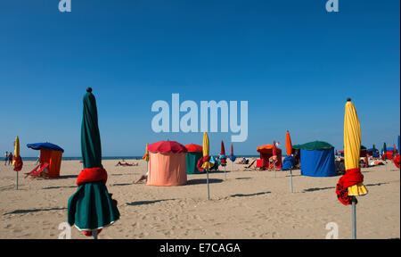 Parasols on the beach at Deauville Plage, Normandy, France Stock Photo