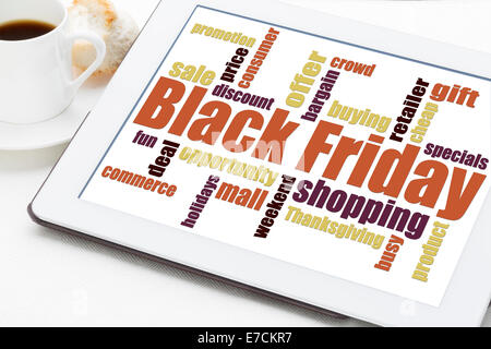 Black Friday word cloud - holiday shopping concept on a digital tablet Stock Photo