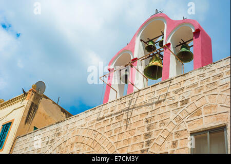 A detail of the bell tower at the Greek Orthodox Metropolite Churce in the old city of Nazareth, Israel Stock Photo