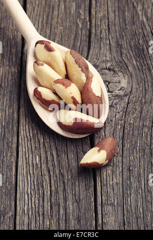 Brazil nuts in spoon on vintage wooden background Stock Photo