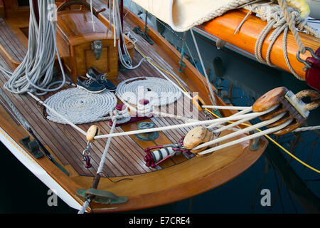 Imperia, Italy. 14th September 2014. Detail of a vintage yacht participating in Vele d'Epoca classic yachts regatta. Stock Photo