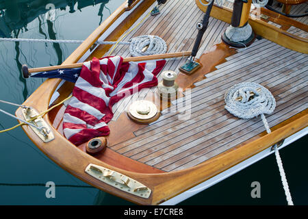 Imperia, Italy. 14th September 2014. Detail of a vintage yacht participating in Vele d'Epoca classic yachts regatta. Stock Photo