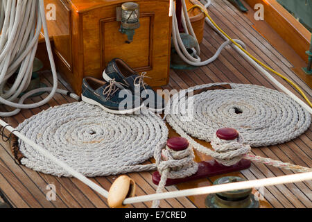 Imperia, Italy. 14th September 2014. Detail of a vintage yacht deck participating in Vele d'Epoca classic yachts regatta. Stock Photo