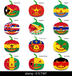 Set pumpkins for Halloween as a flags of the world. Vector illus Stock Photo