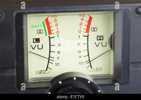 VU meter, audio signal volume unit, with needles indicating low levels Stock Photo