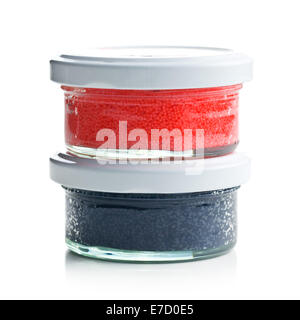 black and red caviar in jar on white background Stock Photo