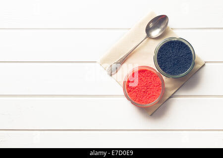 top view of red and black caviar in jar Stock Photo