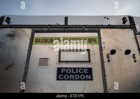 UK. 13th Sept, 2014.  Police steel crowd control barrier in Rotherham 2014 © Guy Corbishley/Alamy Live News Stock Photo