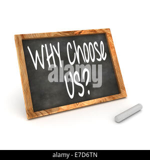 A Colourful 3d Rendered Concept Illustration showing 'Why Choose Us' Written on a Blackboard with Chalk Stock Photo