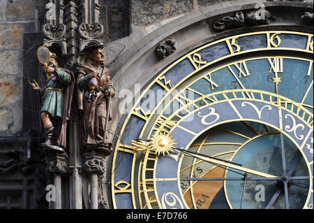 A pair of beautiful sculptures by the disk of the Astronomical Clock, Prague, Czech Republic. Stock Photo