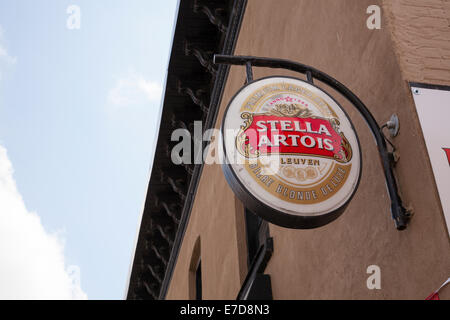 A sign for 'Stella Artois' beer outside a pub in downtown, Caledonia, Ontario, Canada. Stock Photo