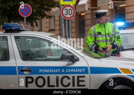 Czech traffic police officer, police car flashing light Prague Czech Republic Stock Photo