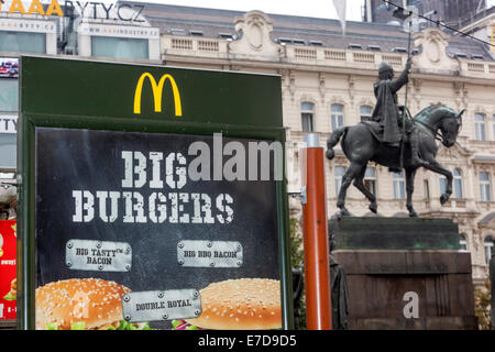 McDonald´s advert sign on Wenceslas Square near equestrian statue St Wenceslas Prague, Czech Republic Horse statue Stock Photo