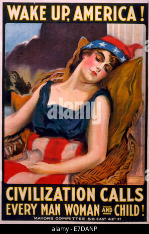 Wake up America! Civilization calls every man, woman and child! Woman dressed in Stars & Stripes, symbolizing America asleep. political poster, circa 1917 Stock Photo