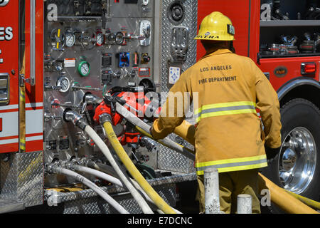 Los Angeles Fire Department at a building fire. Stock Photo