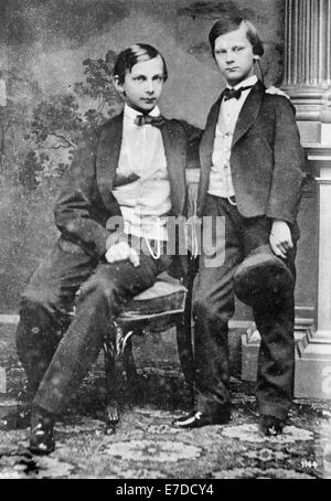 Ludwig II (1845-1886) who was King of Bavaria from 1864 to 1886, with his brother Otto (1848-1916), who succeeded Ludwig and served as King of Bavaria from 1886 to 1913, circa 1860