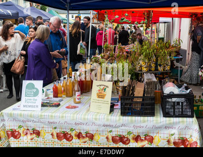 Ashburton Food & Drink Festival market stalls UK.  The Mill Top Orchard stall selling apple juices from Devon. Stock Photo