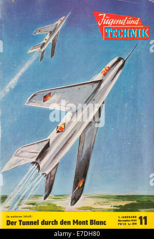 The cover illustration of the November 1959 edition of the magazine 'Youth and Technology' shows two Russian MIG 21 supersonic jet fighter aircraft. The MIG 21 is the most-produced combat aircraft in the world. This edition of the magazine presents the air force of the National People's Army (NVA) of the GDR. The magazine was published by the Central Council of the Free German Youth (FDJ). Photo: Sammlung Sauer -NO WIRE SERVICE- Stock Photo