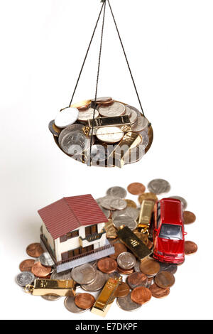 Architectural model,car model and gold bars Stock Photo