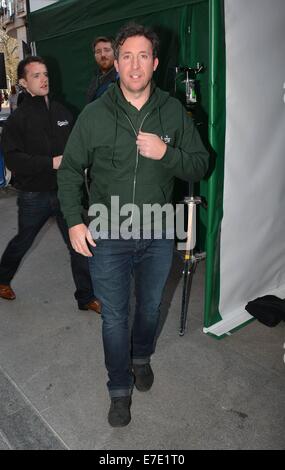 Former Liverpool FC striker Robbie Fowler spotted filming for a Carlsberg #Allthegreats promotion outside The Gaiety Theatre. Comedienne Hilary Rose was also spotted working at the filming  Featuring: Robbie Fowler Where: Dublin, Ireland When: 12 Mar 2014 Stock Photo