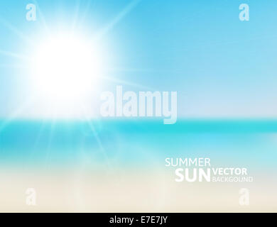 Blurry beach and blue sky with summer sun Stock Photo