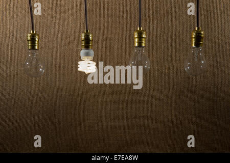 Hanging CFL (compact fluorescent lamp) bulb and three incandescent bulbs that are turned off.  Textured, natural background. Stock Photo