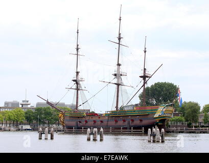 VOC ship Amsterdam, 1990 replica of an East Indiaman sailing ship used on the trade routes to the East Indies.  moored in front. Stock Photo