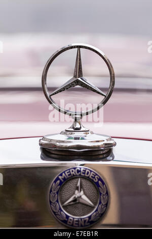 Close up of Mercedes Benz bonnet badge from the 1970's on an old vintage car. Guia de Isora, Tenerife, Canary Islands, Spain. Stock Photo