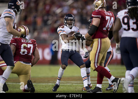 Chicago Bears inside linebacker Danny Trevathan (59) celebrates with Prince  Amukamara after intercepting a pass against the San Francisco 49ers during  the second half of an NFL football game in Sa …