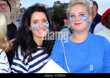London, UK. 15th Sep, 2014. 'Let's Stay Together' campaign for non-Scots to show their support for Scotland staying in the UK held a rally in Trafalgar Square Credit:  Rachel Megawhat/Alamy Live News Stock Photo