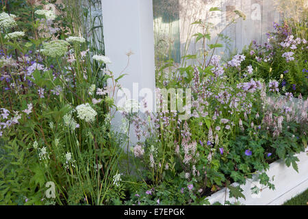 Garden - A Garden of Solitude - contemporary garden made from recycled and reused materials planting Geranium Stock Photo